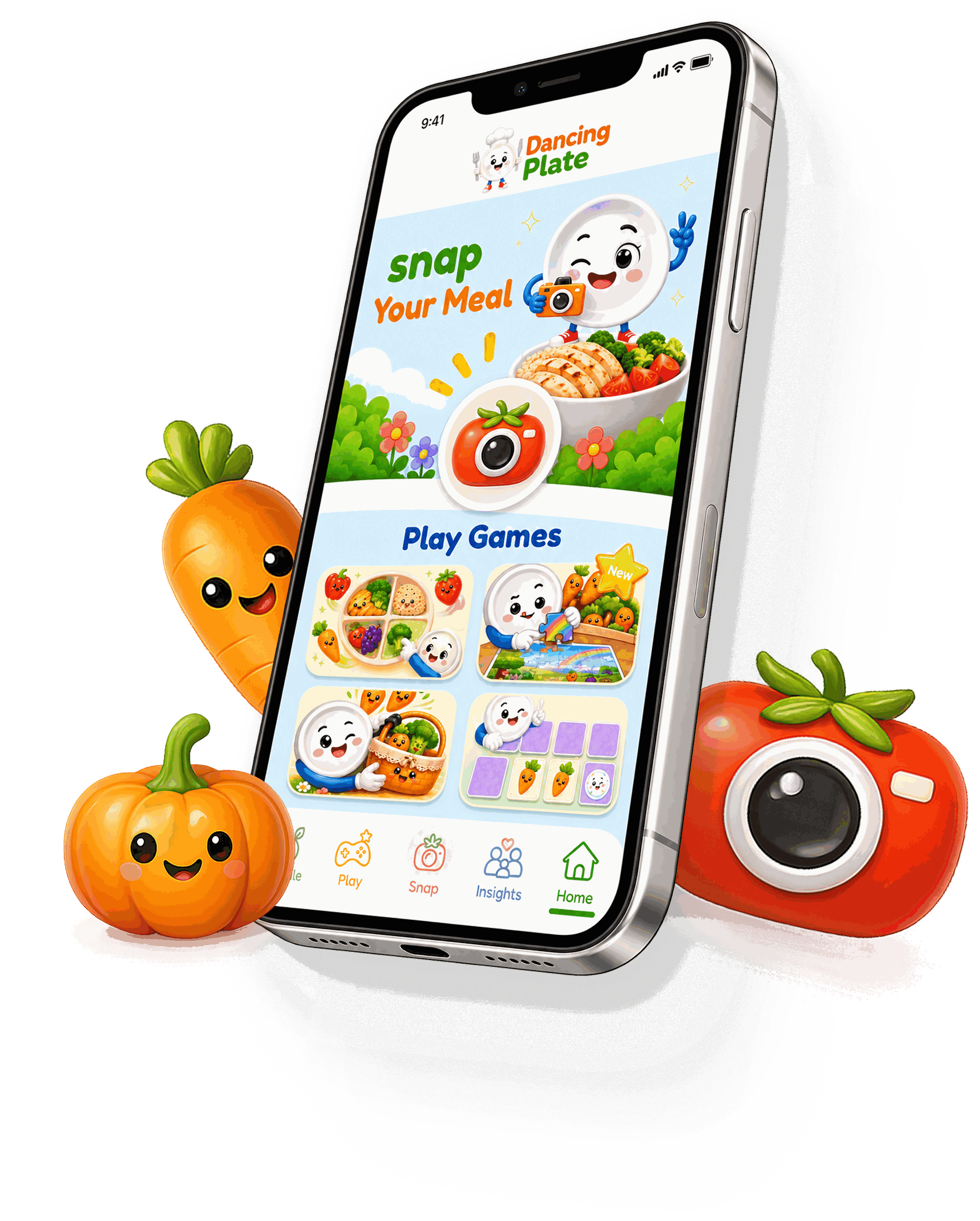 A parent's phone showing the Dancing Plate app, with food characters around it